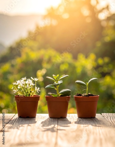 Three small potted plants on table.