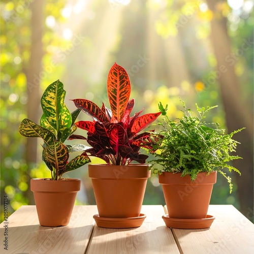 Three small potted plants on table.