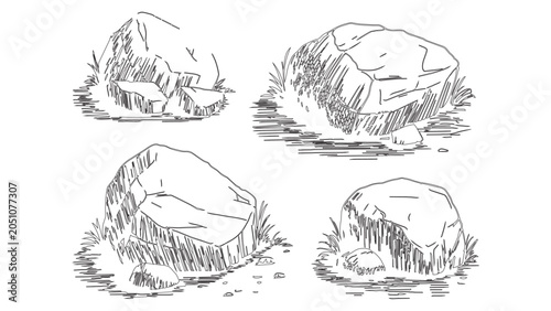 Fotografie Detailed stone outcrop sketch vector set with grass details for natural landscape design projects