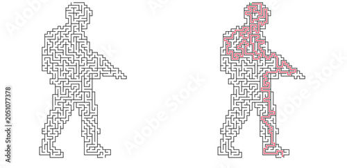 Soldier shaped maze with solution. Army man silhouette labyrinth puzzle, black and white flat vector logic game