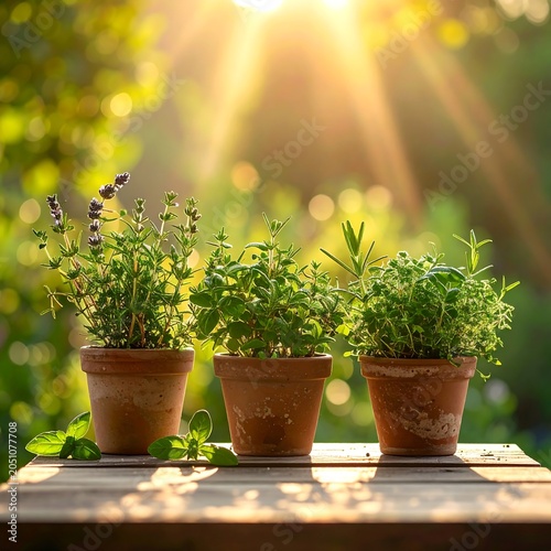 Three small potted plants on table.