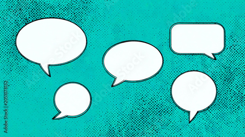 Comic speech bubbles template set isolated on halftone background. Set of empty comic speech bubbles with black outlines on teal pop art backdrop. Retro blank chat clouds, thought speech bubbles icon.