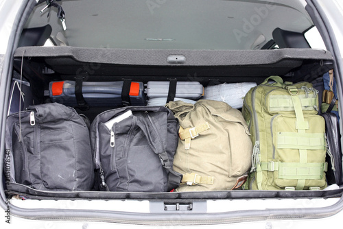 Packed Car Trunk With Luggage And Gear