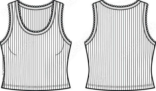 Canvastavla Technical of a women's sleeveless front and back view, black lines on white back