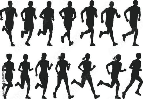 Foto Set of Male and Female Runner Silhouettes Running Toward Front View Isolated on