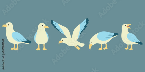 Obraz na płótnie Seagull Marine Bird In Different Poses Isolated on a Blue Background