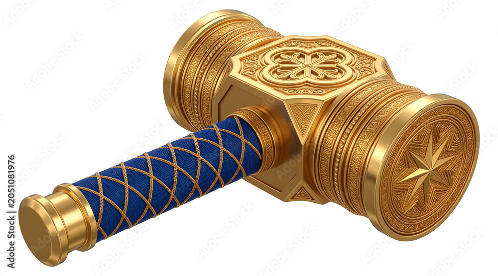 Naklejka premium An ornate golden war hammer featuring intricate metal engravings and a textured blue leather handle