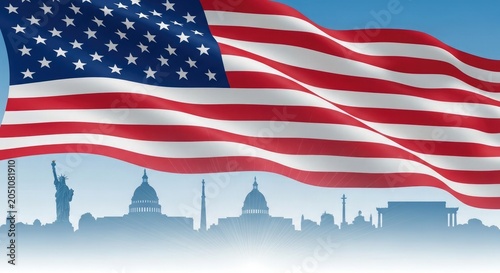 Waving american flag with silhouette of new york city skyline for fourth of july independence day celebrations