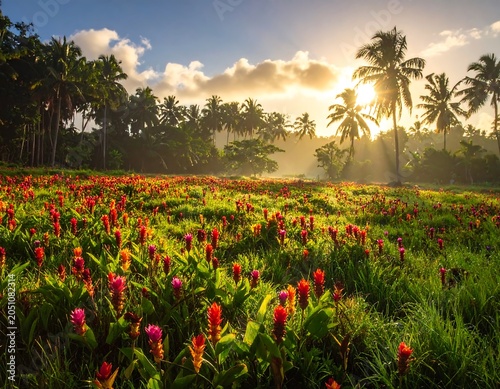 Tropical Field of Flowers at Sunrise.