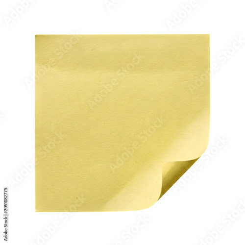 Yellow sticky note with curled corner isolated on transparent background