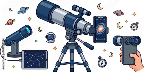 Foto Astrophotography gear vector set featuring telescope on tripod smartphone adapter camera monocular digital tablet with constellations and space elements isolated on white background
