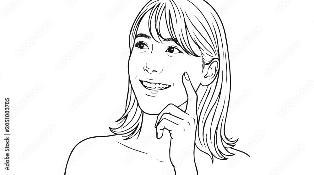 Fototapeta premium Beautiful smiling young woman in clean black line art style touching her face, representing skincare, beauty, and healthy glowing skin routine.