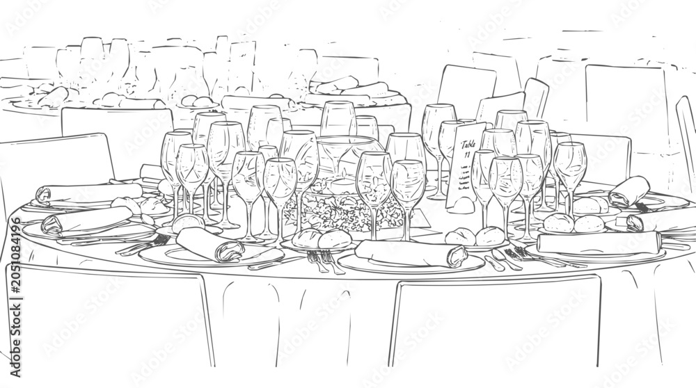 Obraz premium Elegant wedding table setting for a formal banquet dinner reception featuring wine glasses, plates, and a floral centerpiece in a line art sketch.