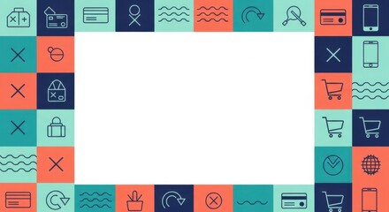 Geometric icon border featuring shopping carts smartphones and cards in colorful grid cells.