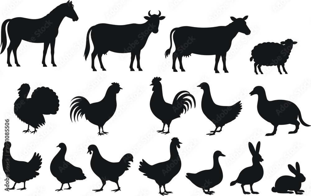 Fototapeta premium Farm Animal Silhouettes Collection Set Featuring Horse Cow Sheep Poultry Birds and Rabbits on White Background