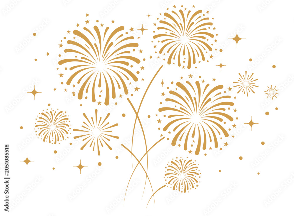 Obraz premium Elegant gold firework bursts with stars and dots over a clean white background. Festive celebration and holiday event vector illustration.