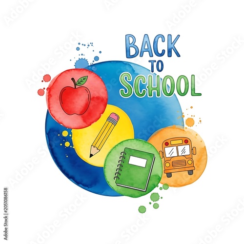 Back to school supplies and backpack illustration.