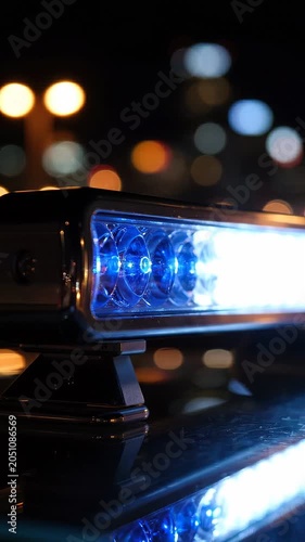 Emergency vehicle light bar flashing blue and white lights at night, mounted on a black car roof with blurred city lights in the background