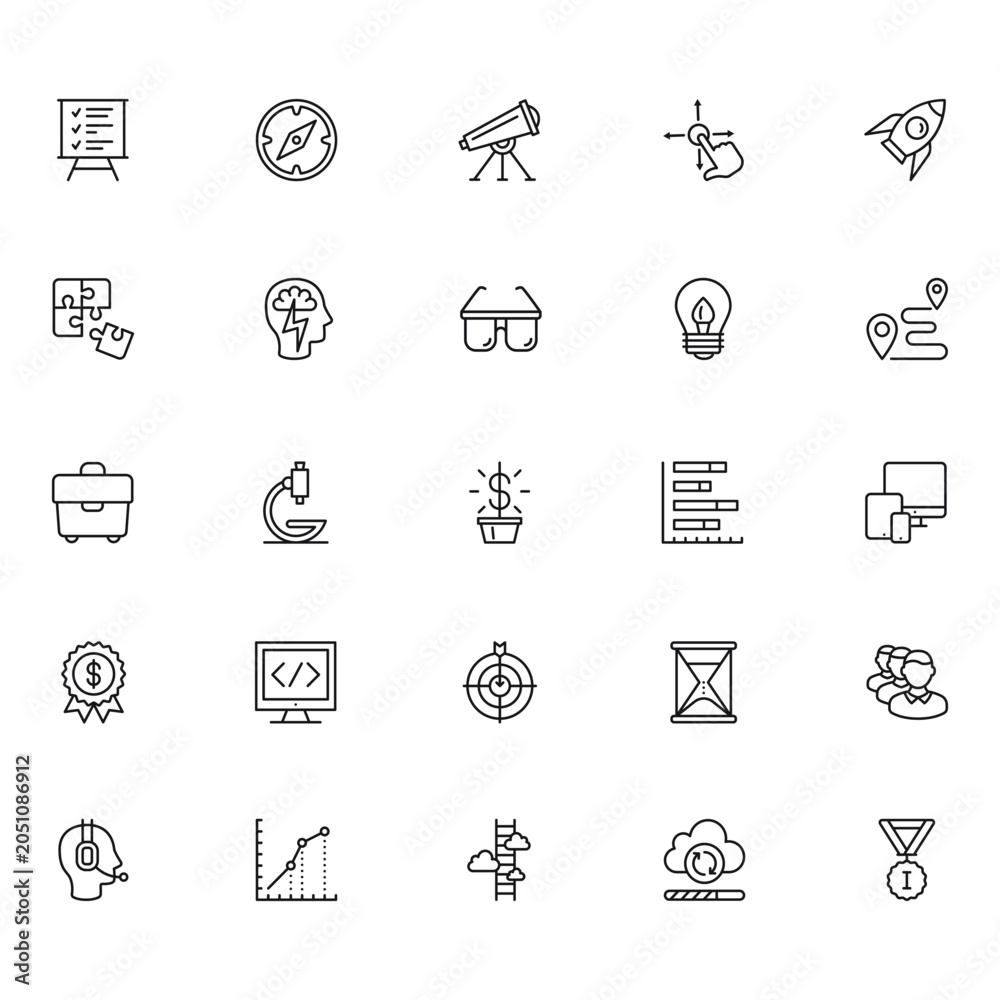 Fototapeta premium Set of black and white outline business technology strategy icons for presentations and project management business technology management