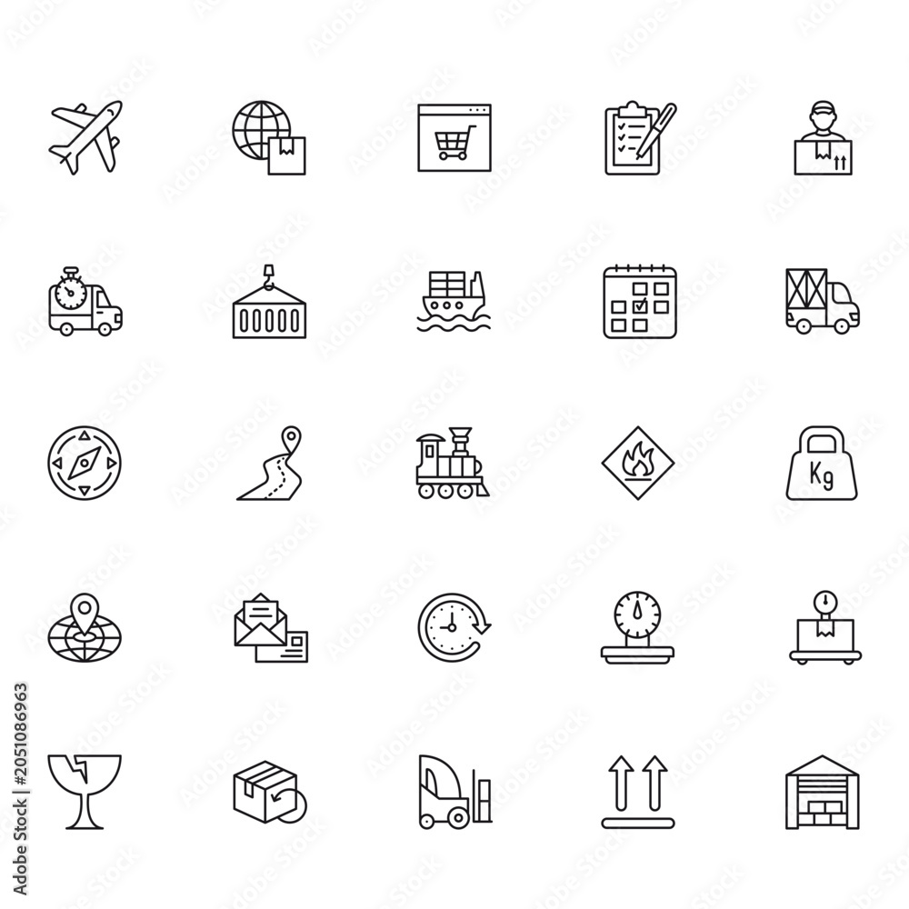 Fototapeta premium Logistics and shipping service icon set showing transportation methods cargo handling symbols global delivery concepts for business logistics