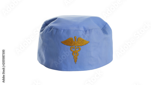 Canvastavla Blue surgical cap with golden caduceus symbol