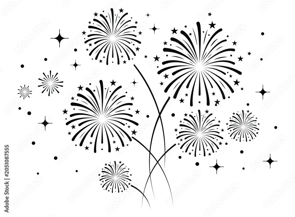 Obraz premium Black firework bursts with stars and dots over a clean white background.