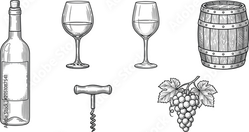Bild auf Leinwand Wine and vineyard wine bottle, glasses, barrel, grapes, corkscrew wine glasses w