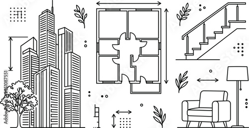 Foto Architecture and real estate line icon set with city skyscrapers blueprint floor