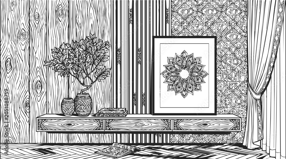 Fototapeta premium Modern interior illustration with a mandala frame and bohemian pattern wallpaper featuring intricate wood textures and room decor