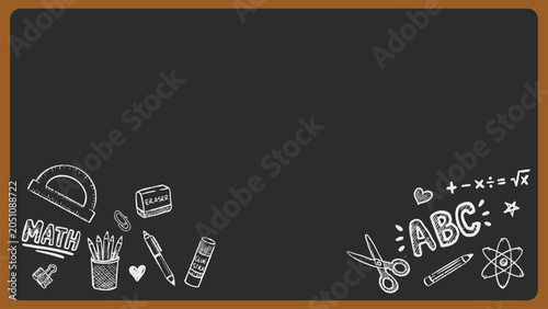 Fotografie Back to school concept with educational doodle school stationery supplies on black chalkboard background with educational doodle for new academic year begin