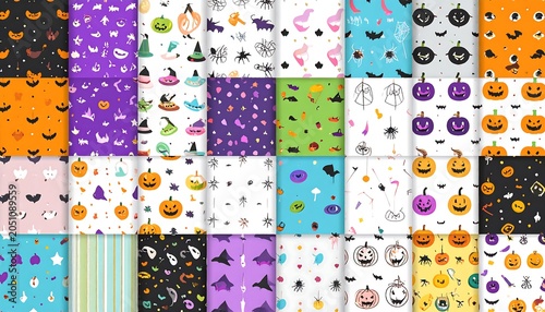 A collage of Halloween-themed squares with various colorful patterns