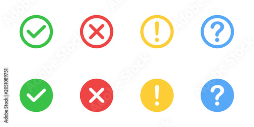 Universal check mark, cancel cross, exclamation point, and question mark icons isolated on transparent background. Flat UI checkmark and cross vector icons set for web design. PNG. Vector