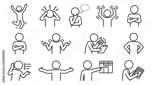 Tableau sur toile People body language, workplace emotions, and problem solving line icon set