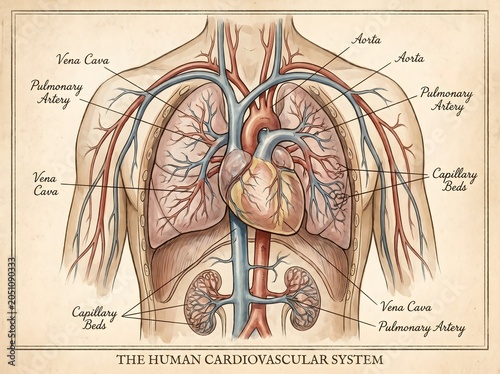 Detailed Human Cardiovascular System Illustration with Heart, Lungs, Aorta, and Vena Cava for Medical Biology Education