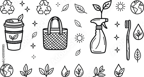 Fotografie Environmental conservation and green living line icon set featuring sustainable