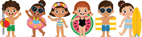 Photos “Cheerful cartoon children in beachwear vector set with swimsuits, floats, surfb