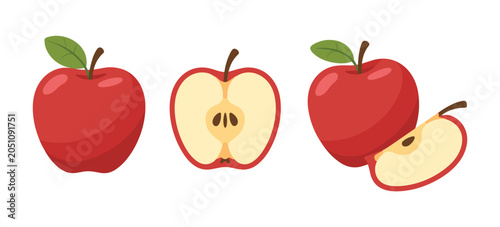 Εκτύπωση καμβά Red Apples: A set of vibrant red apples, one whole, one halved to reveal its core, and a slice, are presented in a clean and appealing arrangement