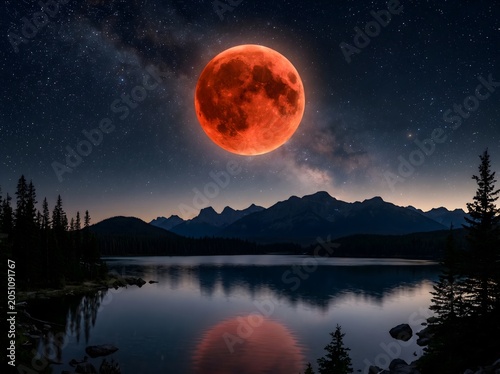 Dramatic Blood Moon Reflecting on Serene Mountain Lake Under a Starry Night Sky