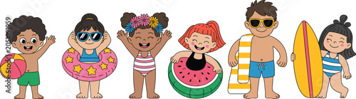 Billede på lærred “Cheerful cartoon children in beachwear vector set with swimsuits, floats, surfb