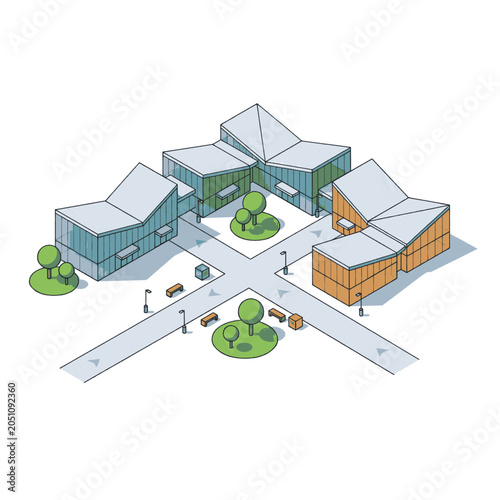 Quadro su tela Modern architectural design of a complex with geometric shapes and green spaces