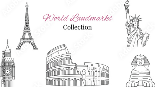 Foto Landmarks collection, eiffel tower, big ben, colosseum, statue of liberty, sphin