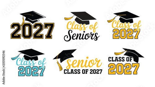 Schilderij op canvas Graduation Cap and Class of 2027 Collection: A vibrant set of graphic elements featuring graduation caps and the inscription Class of 2027 and Seniors