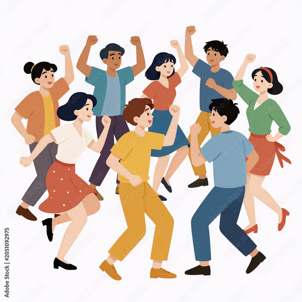 Obraz premium Ukiyo-E Male Dancing. Vibrant, Flat Cartoon Illustration Featuring A Joyful Dance Party Of Young Men And Women Smiling While Dancing On A White Background