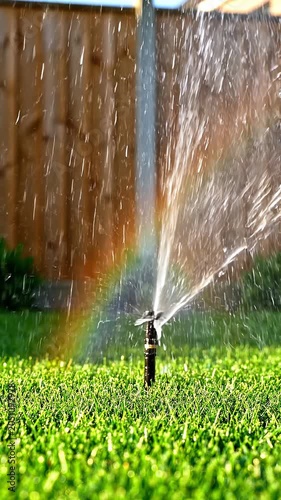 Water sprinkler sprays mist over green grass, creating a rainbow effect in sunlight, with wooden fence and garden plants visible in the background