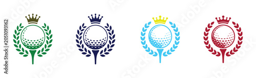 Golf Emblem Collection: Four distinct golf emblems, each featuring a stylized golf ball on a tee, adorned with a crown and laurel wreath.