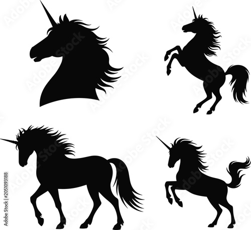 Foto Collection of Black Unicorn Silhouettes Featuring Head Profile and Rearing Magic