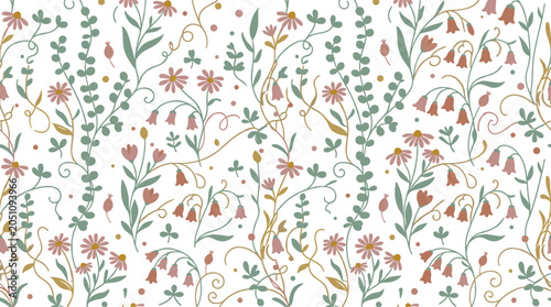 Schilderij op canvas Elegant wildflower seamless pattern featuring delicate pastel blossoms winding g