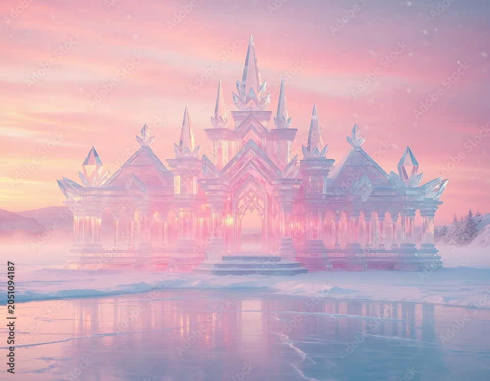 Obraz premium Majestic ice palace glowing in pink and orange sunset reflections over a frozen winter landscape