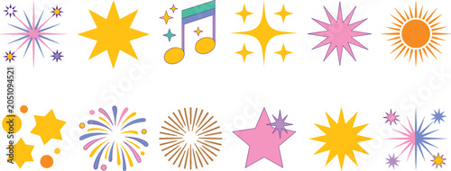 Bilde på lerret “Colorful festive icon vector set with stars, suns, fireworks, musical notes, de