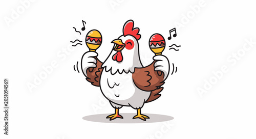Cartoon chicken holding golden eggs and dancing with musical notes